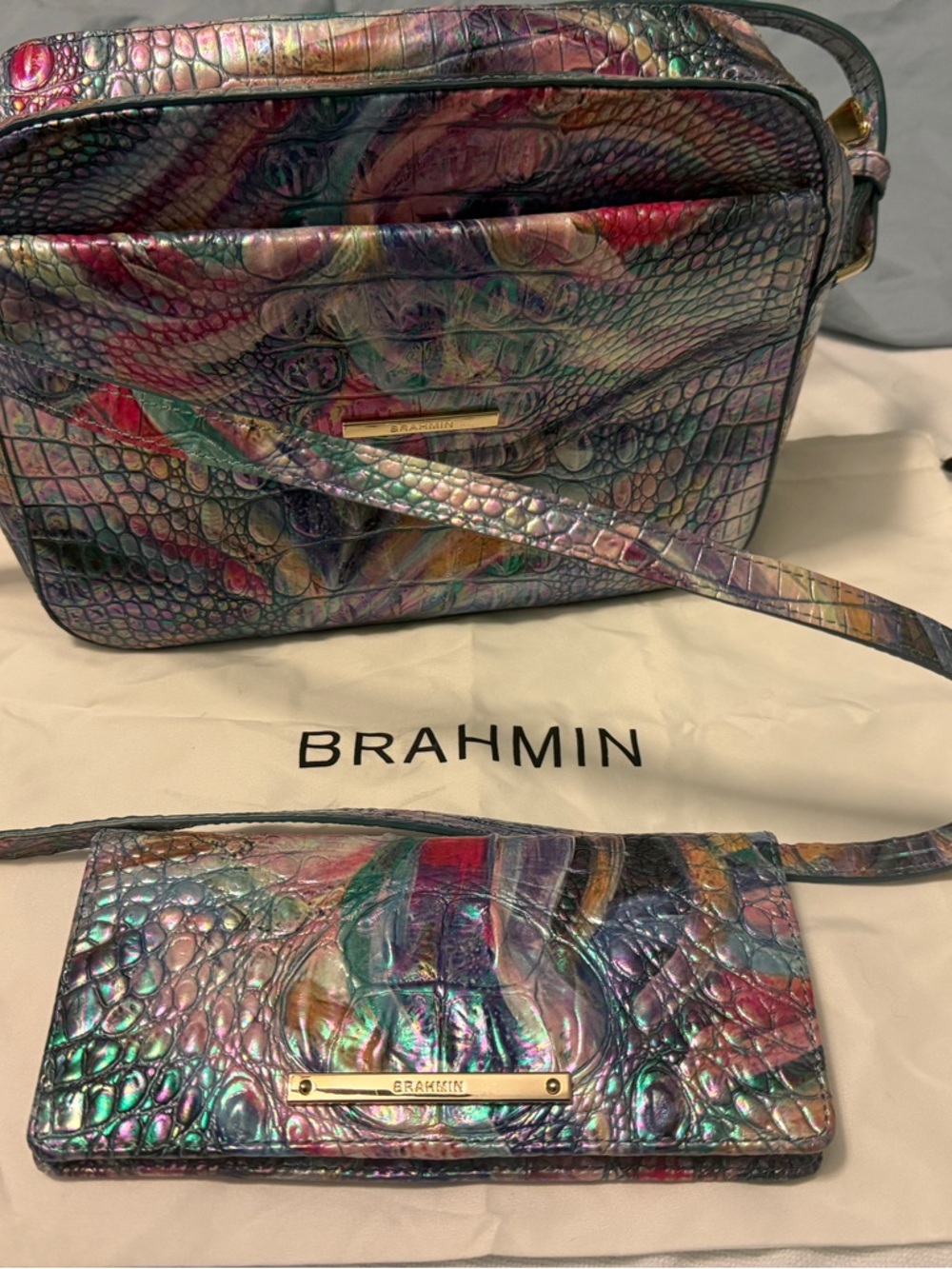 Brahmin Iridescent Multi-Color Croc-Embossed Crossbody and Wallet Set